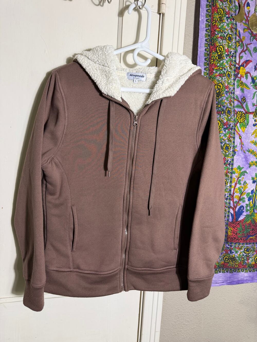 Aeropostale Sport Brown Sherpa Lined Full Zip Hoodie Jacket Y2K - Large